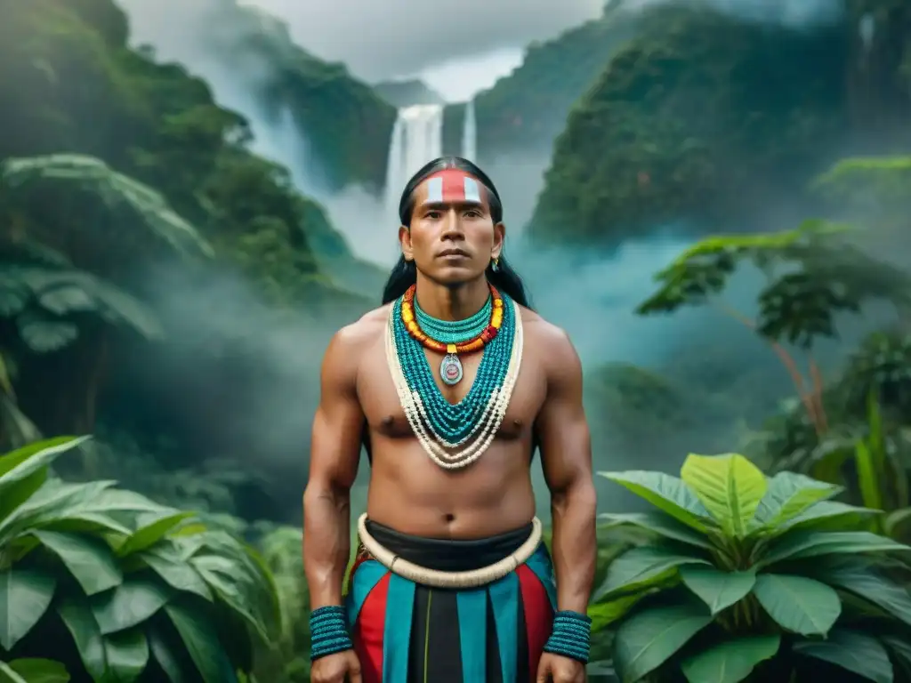 Líderes indígenas unidos en activismo climático en las Américas, vestidos con atuendos tradicionales, destacan en la exuberante selva