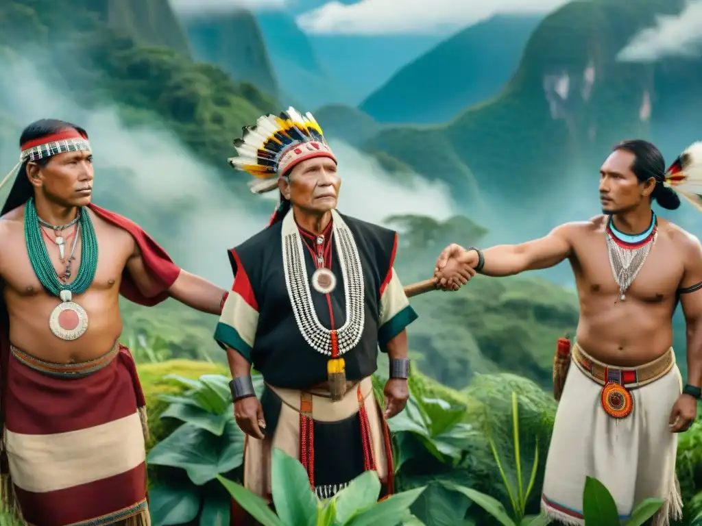 Líderes indígenas unidos en círculo, vestidos tradicionalmente, expresiones determinadas, en bosque