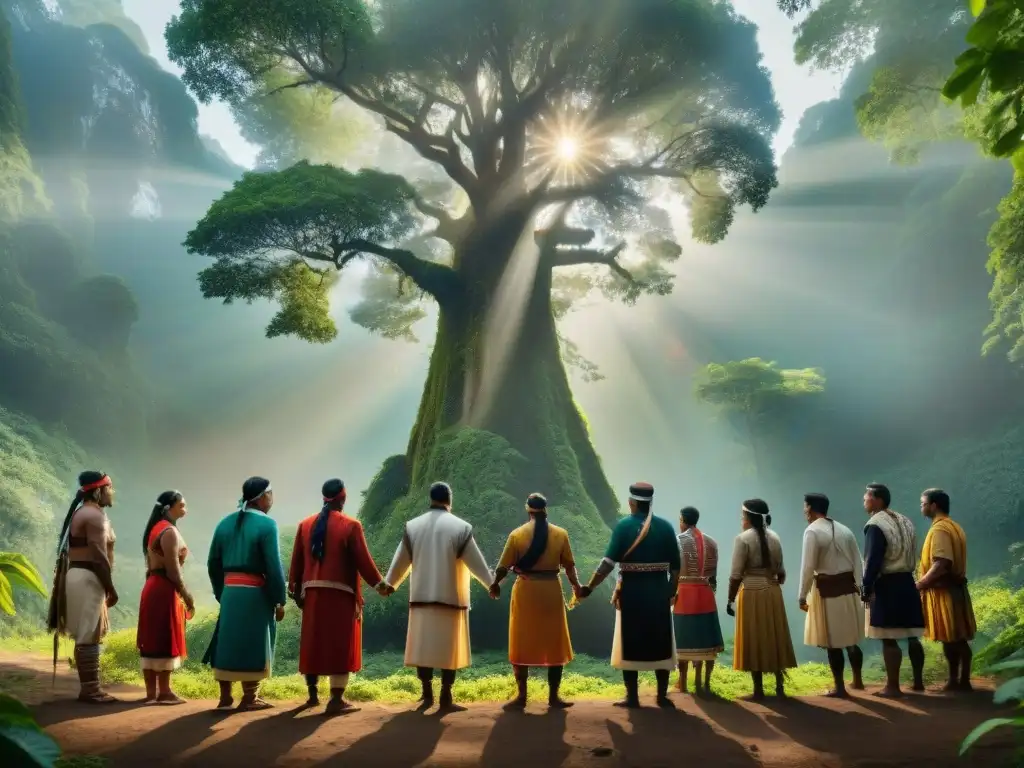 Líderes indígenas unidos en círculo bajo un árbol ancestral, expresando fuerza y unidad en la lucha por los derechos humanos de los pueblos indígenas