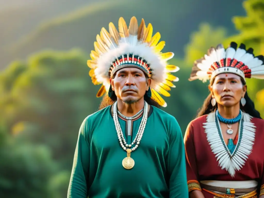 Líderes indígenas unidos frente a bosque, expresando determinación y orgullo en movilización indígena Ecuador tierra vida