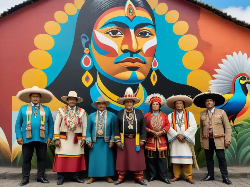 Líderes indígenas de Ecuador unidos frente a mural vibrante, representando la fuerza y determinación del Movimiento Indígena Ecuador autodeterminación