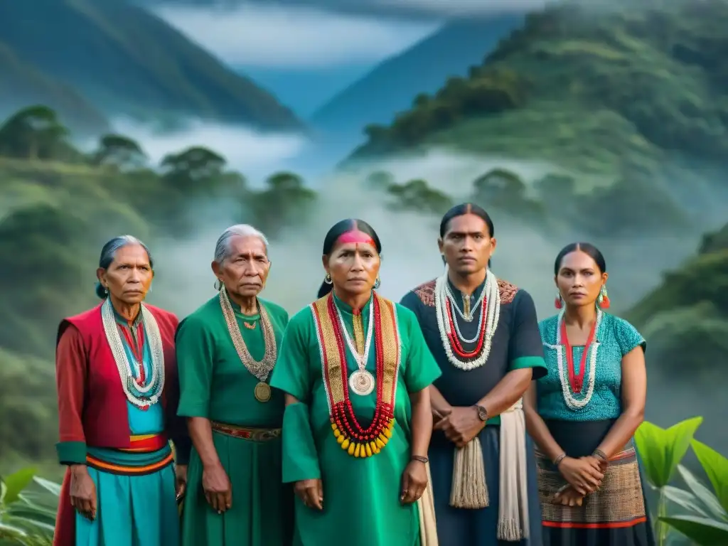 Líderes indígenas unidos en la lucha por tierra moderna, vestidos con atuendos tradicionales