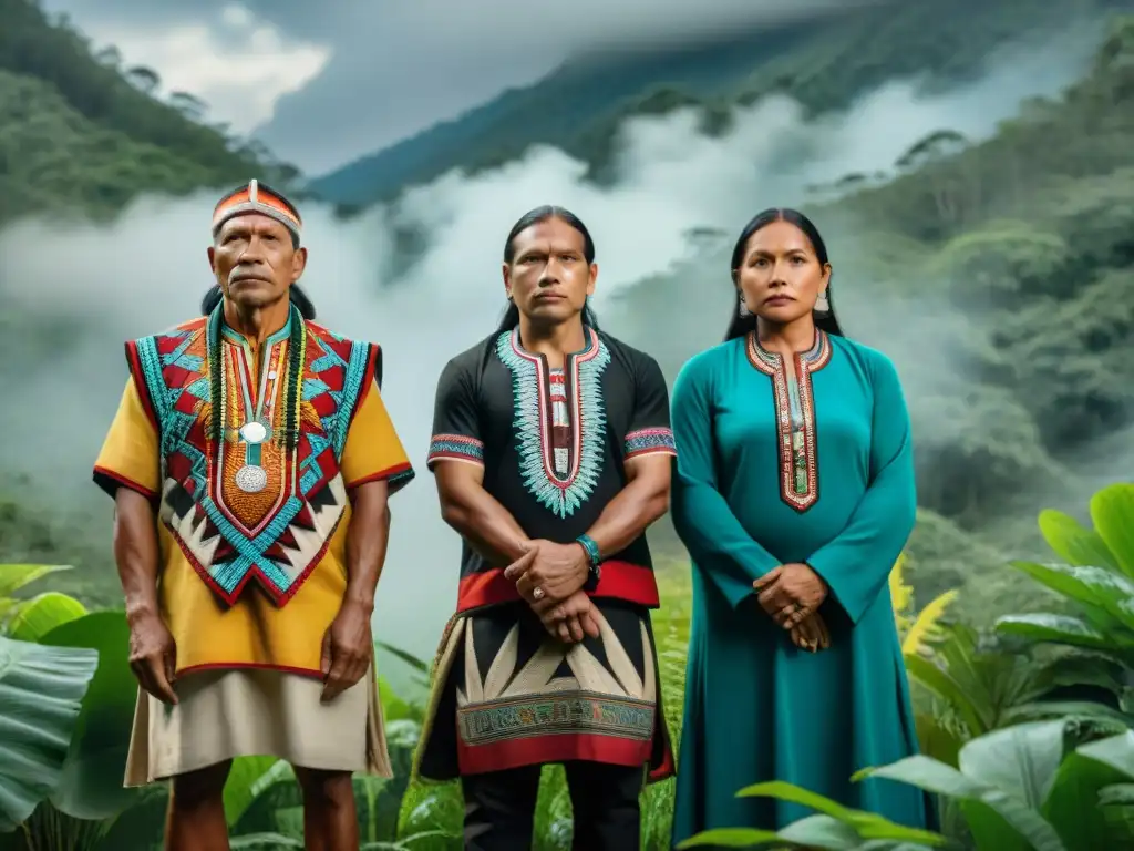 Líderes indígenas unidos en tradicional atuendo frente a un bosque, expresando determinación