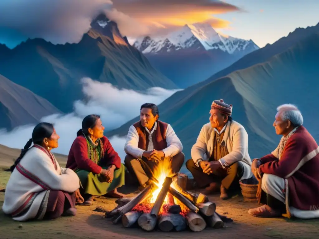 Líderes indígenas andinos en consejo bajo la luna Líderes de movimientos indígenas en los Andes, reunidos alrededor de una fogata al anochecer