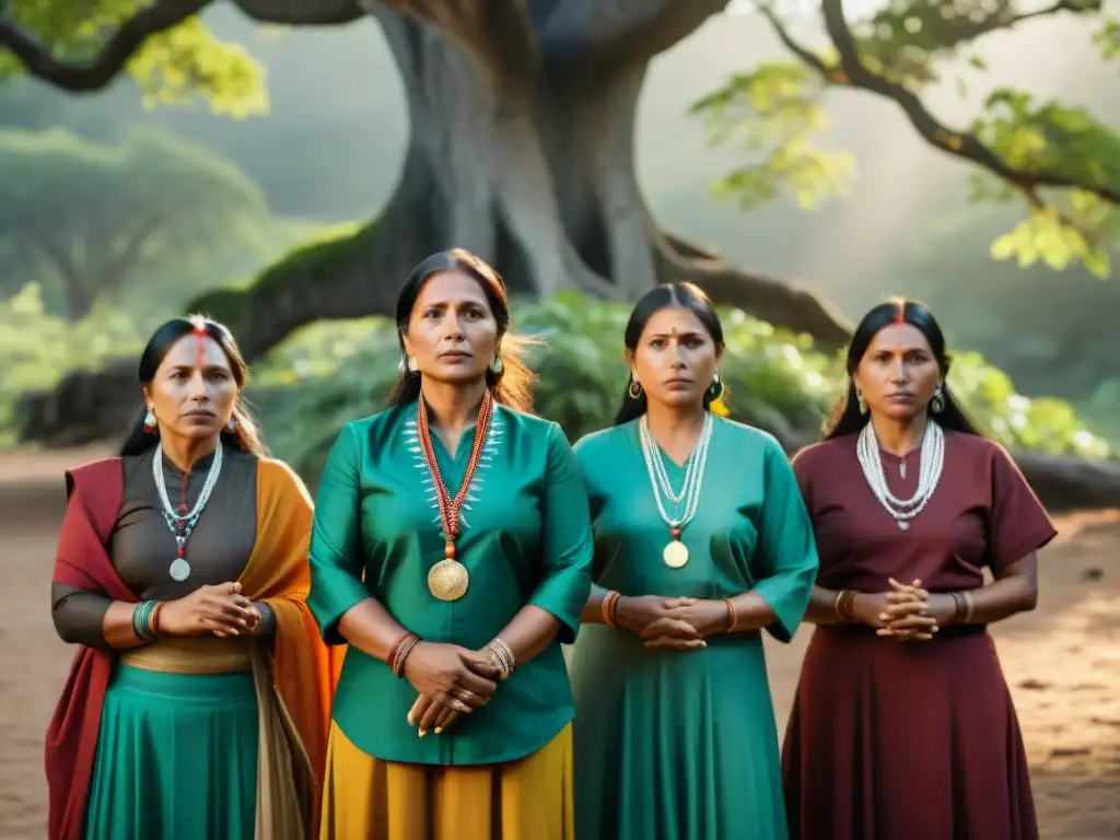 Líderesas indígenas empoderadas en círculo bajo árbol majestuoso, reflejando determinación y sabiduría, conectadas con la naturaleza