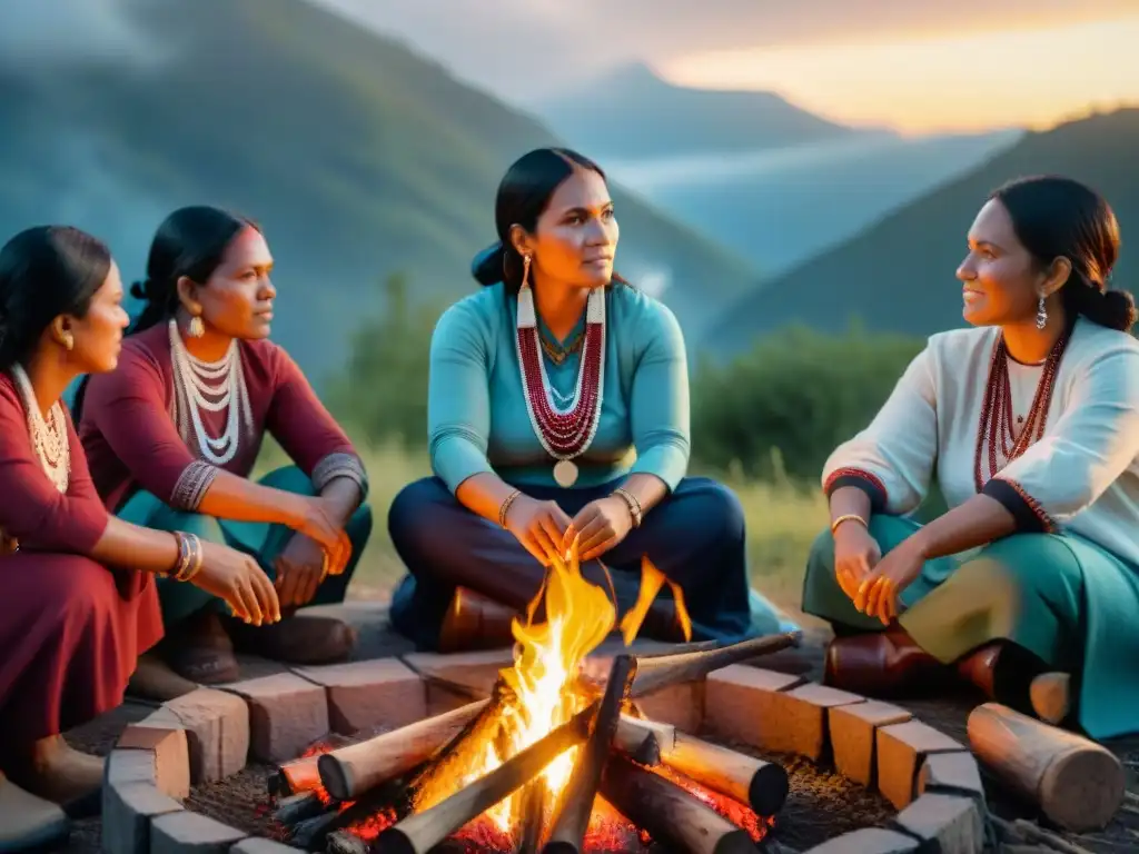 Líderesas indígenas empoderadas en profunda conversación alrededor de una fogata al atardecer