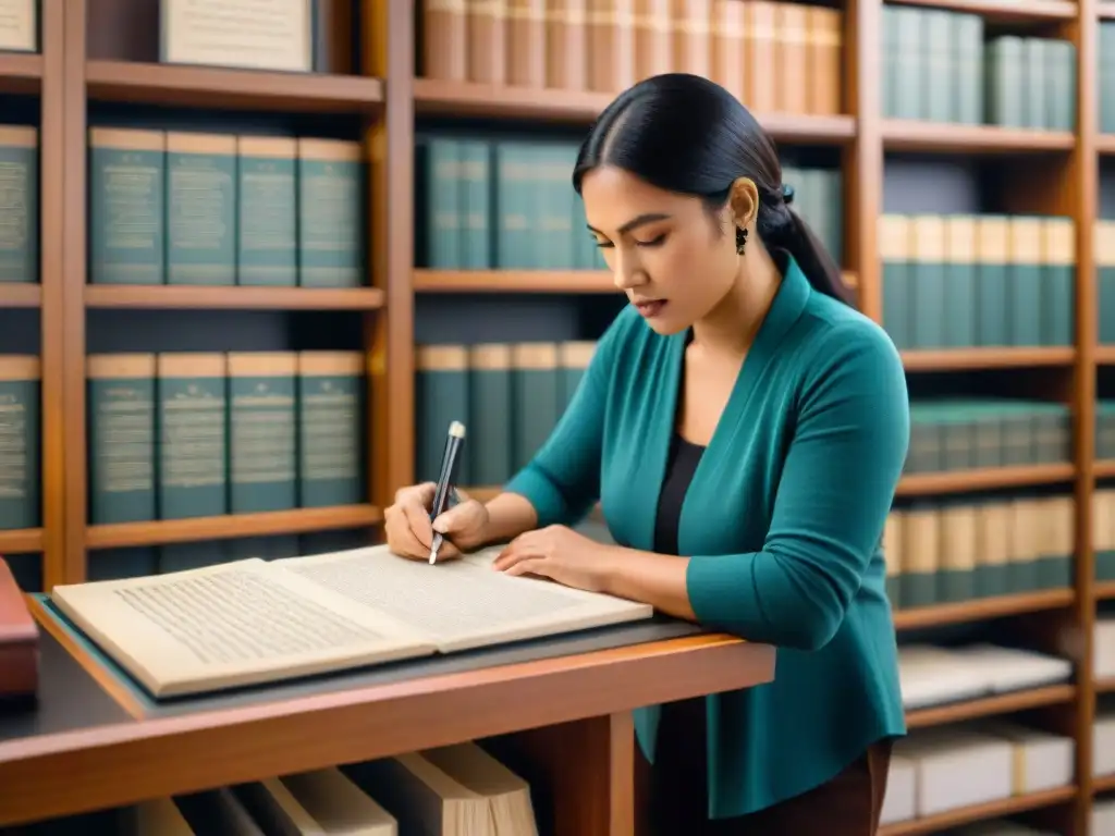 Lingüista transcribiendo conocimiento indígena rodeado de textos y artefactos antiguos