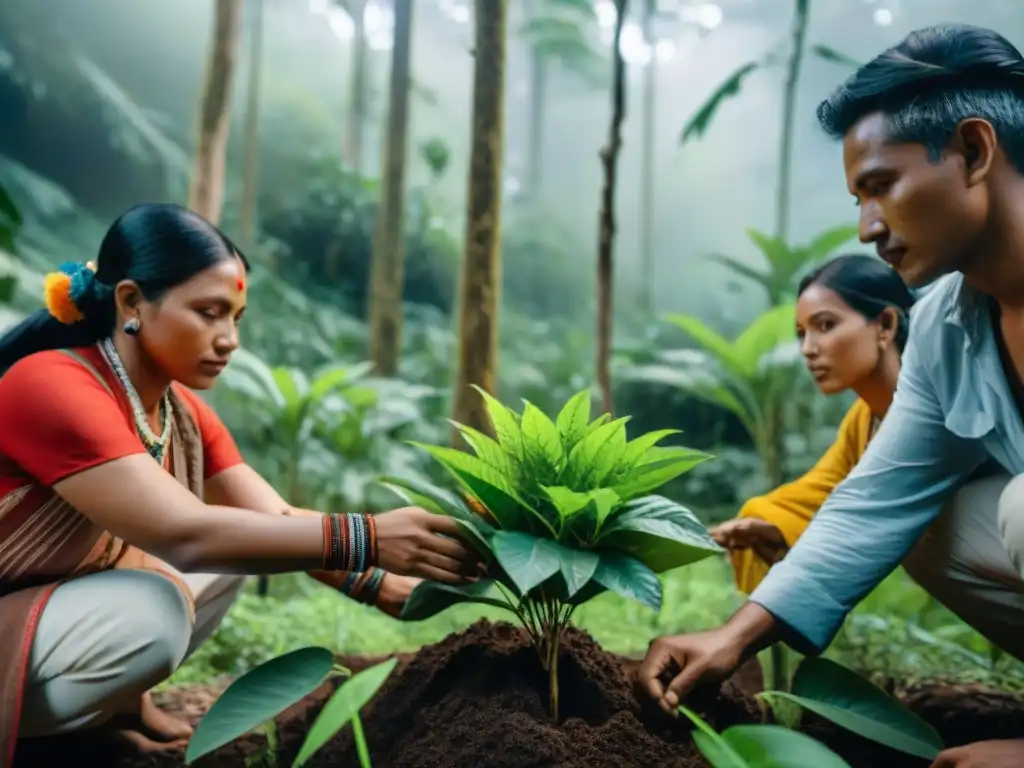 Lucha de comunidades indígenas por la sostenibilidad: miembros plantando árboles en la selva, unidos y determinados