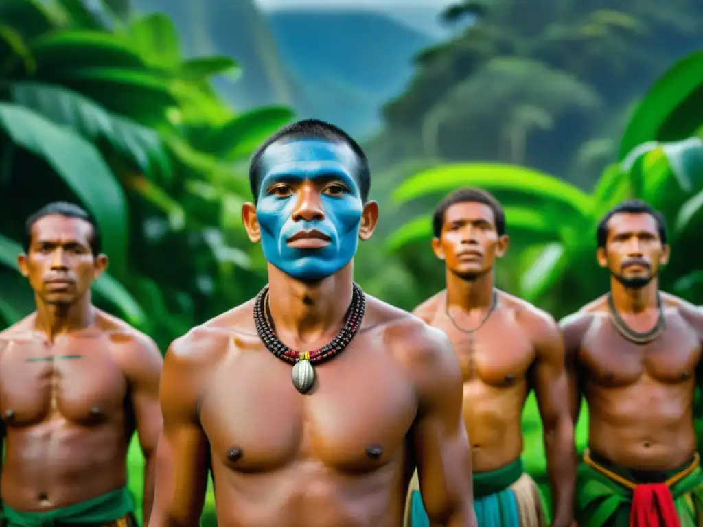 La lucha de los GuaraniKaiowá en Brasil: retrato detallado de indígenas en la selva, con atuendos coloridos y expresiones de fuerza y determinación