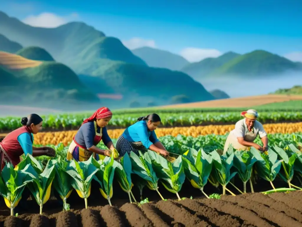 Lucha indígena por soberanía alimentaria: Comunidad agrícola trabajando unida en campo biodiverso con maíz, frijoles y calabaza