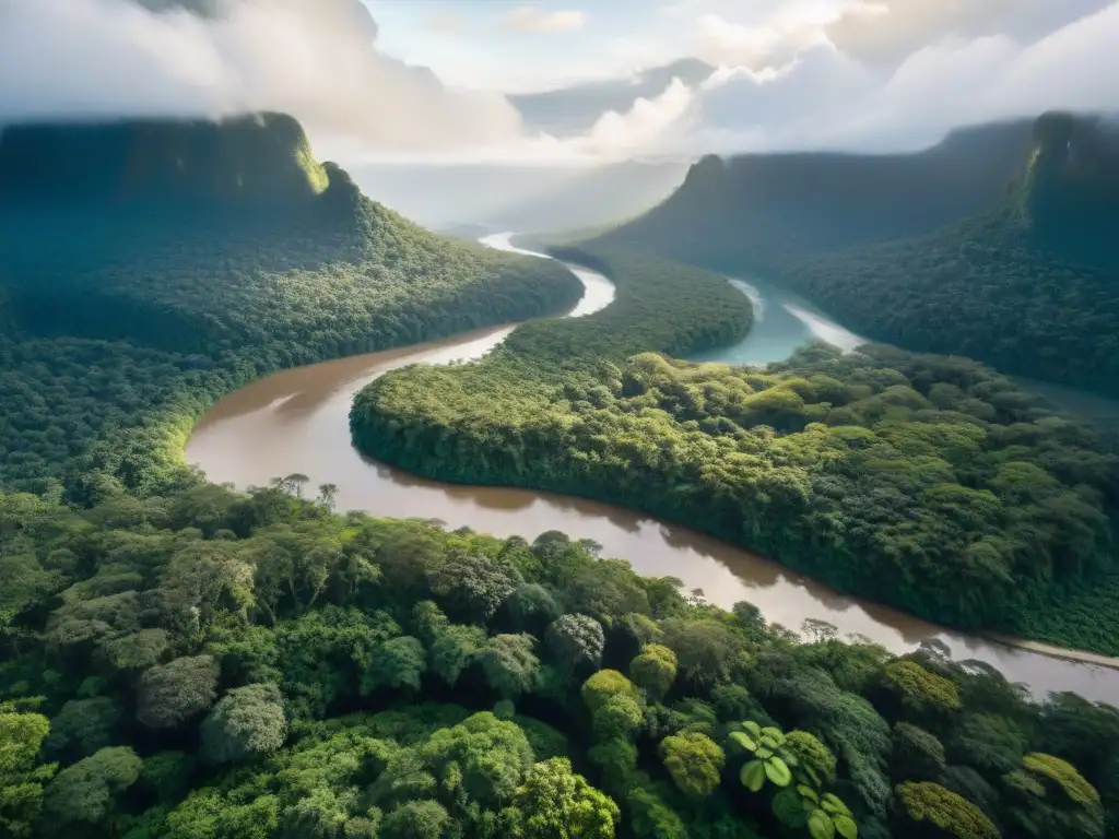 Lucha indígena por tierra moderna: Vista aérea de exuberante selva con río serpenteante, resaltando la belleza y riqueza de la naturaleza