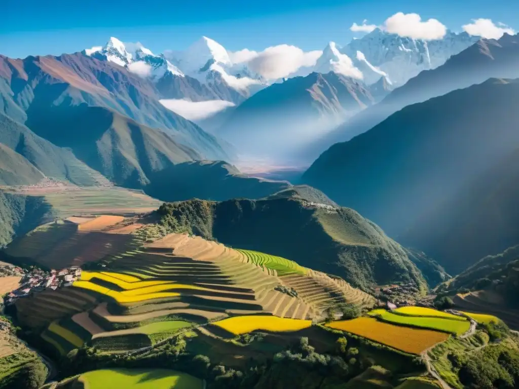 Lucha de los pueblos andinos por justicia climática: agricultores quechua trabajan en campos terrazados bajo cielo azul y picos nevados