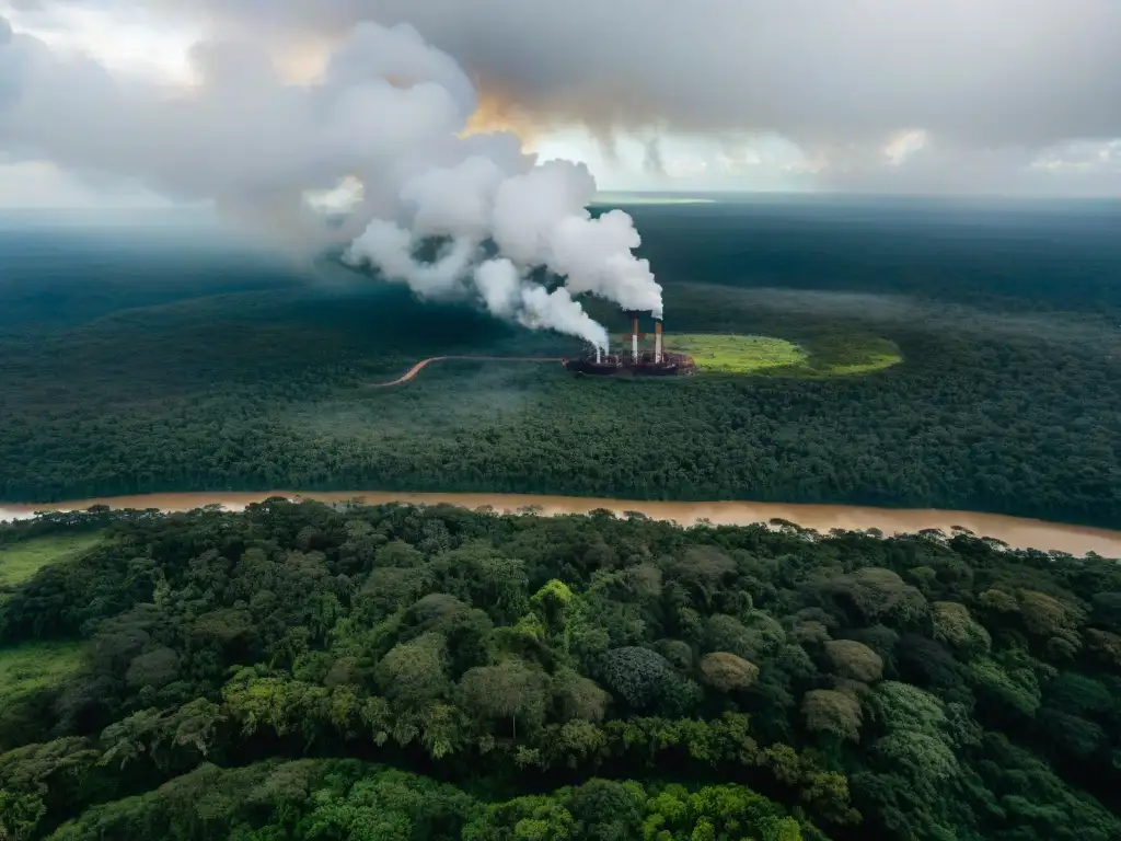 La lucha por la tierra Amazonas indígenas se refleja en la imagen de la selva con indígenas frente a un proyecto industrial