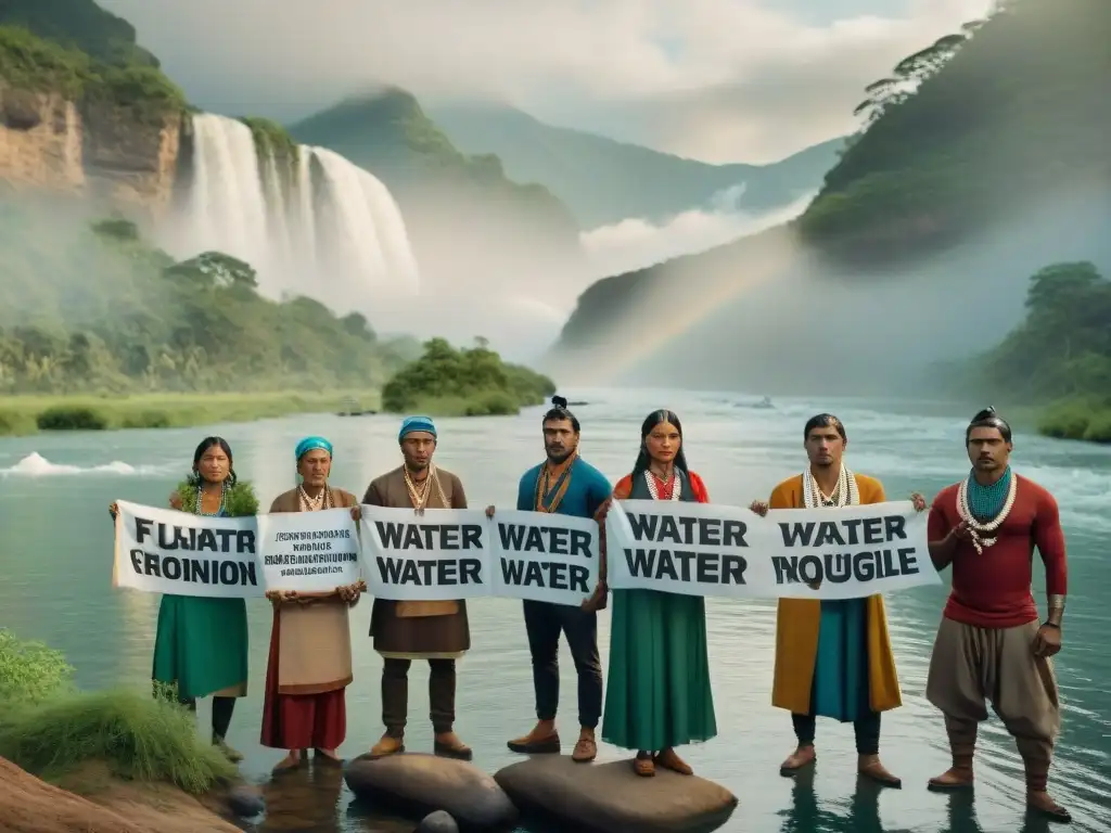 Luchas indígenas por el agua: Activistas en tradicional atuendo alzan mensajes junto al río, expresando unidad y resiliencia ante la adversidad