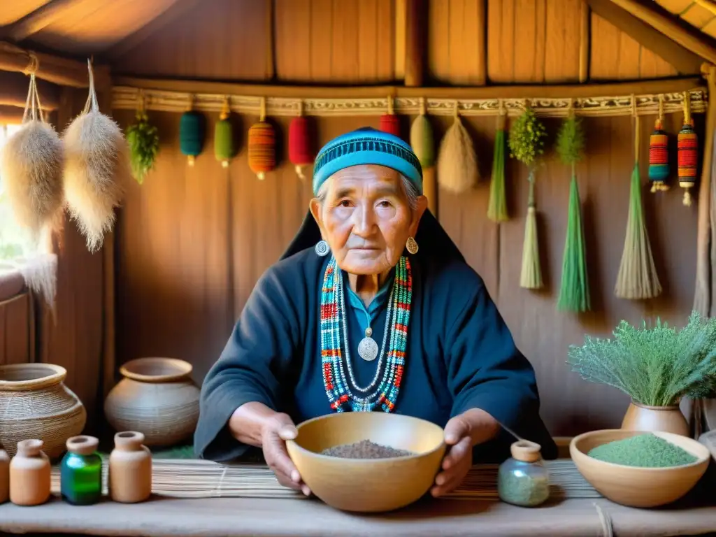 Una machi Mapuche anciana elabora medicina herbal en su humilde choza, rodeada de hierbas y remedios naturales