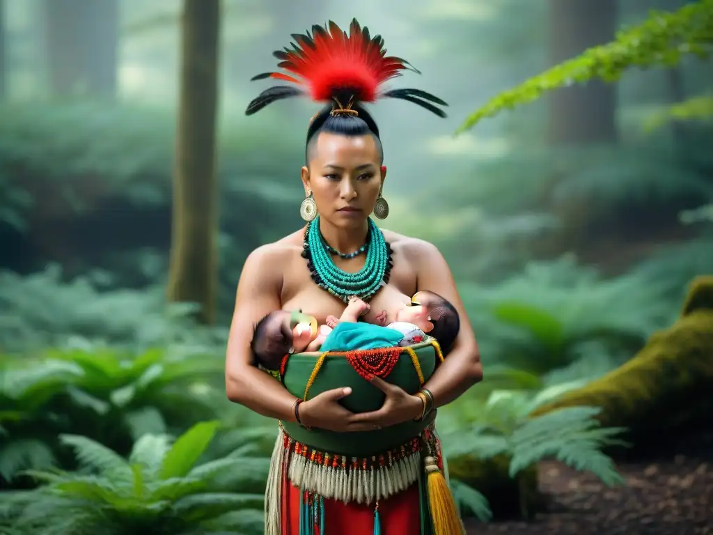 Una madre Mohawk con su bebé en un entorno tradicional rodeados de la comunidad, reflejando la Crianza en familias Mohawk contemporáneas