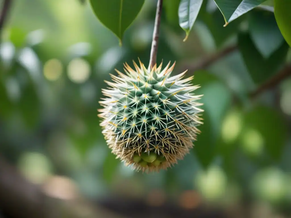 Madura guanábana colgando de una rama, con su exterior verde y espinoso contrastando con la suave pulpa blanca