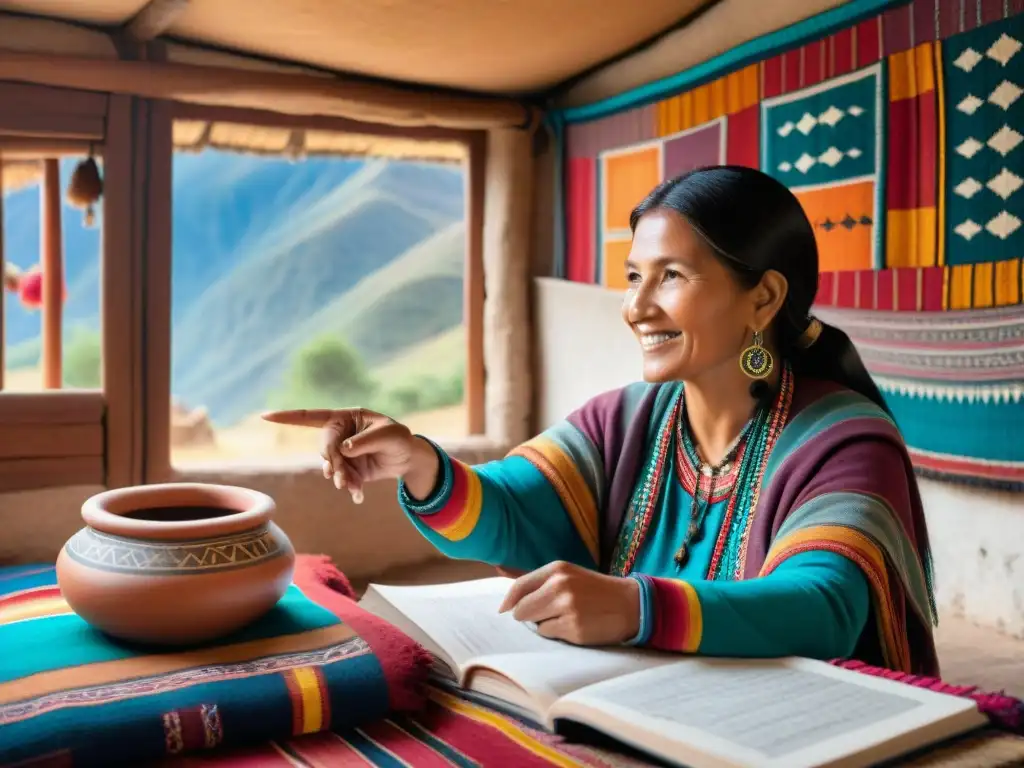 Maestra de quechua enseñando en casa tradicional peruana, rodeada de textiles coloridos y materiales educativos