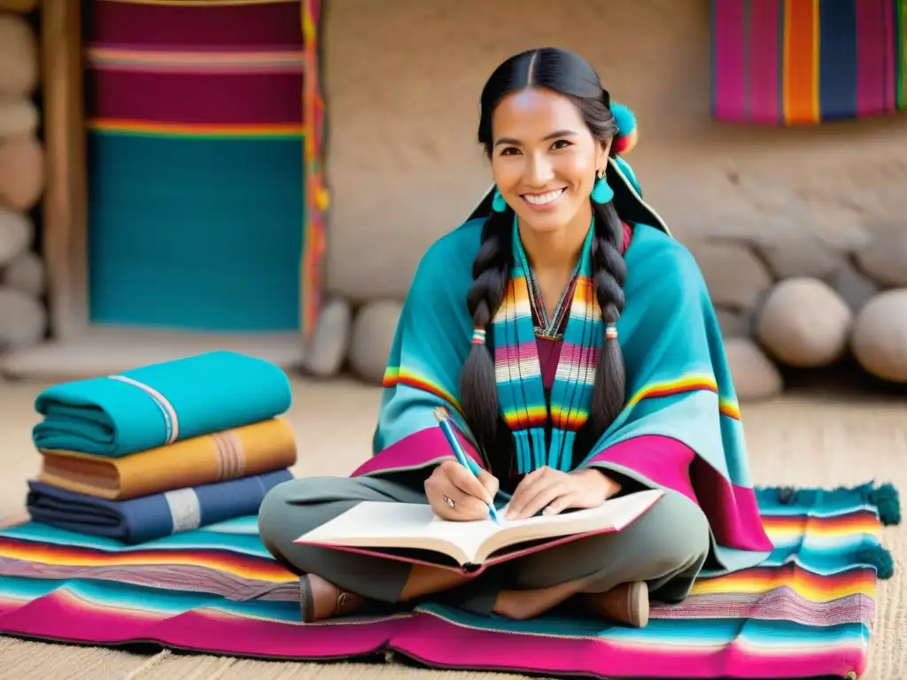 Maestra de quechua en línea, rodeada de libros y laptop, transmite orgullo cultural