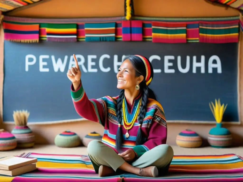 Maestra Quechua enseñando vocabulario a alumnos adultos en una acogedora aula, destacando la importancia de 'Aprender quechua desde casa'