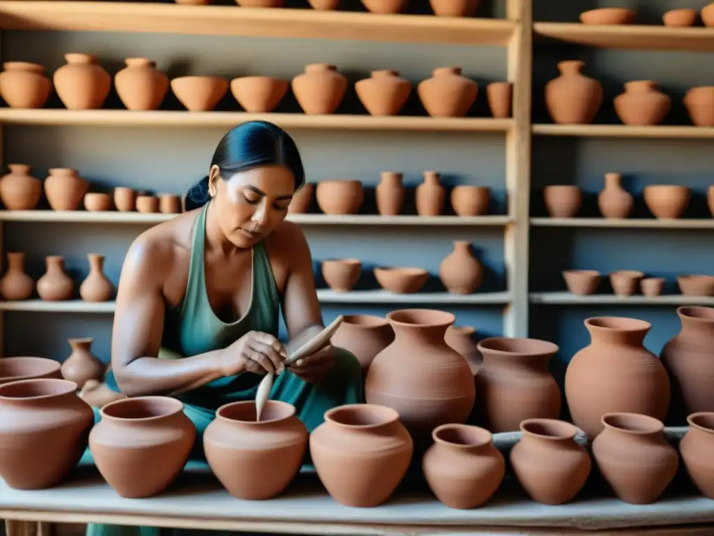 Maestro alfarero crea pieza cultural en taller de alfarería indígena, con luz natural y herramientas tradicionales