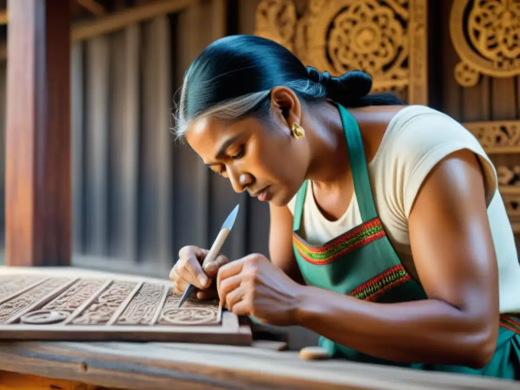 Restauración detallada: artesano indígena revive patrimonio histórico Un maestro artesano restaura con delicadeza tallas indígenas en una estructura histórica