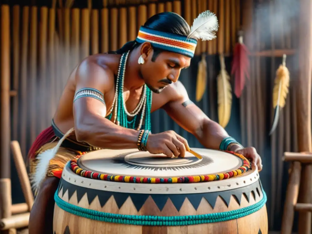 El maestro artesano indígena tallando símbolos en un tambor de madera rodeado de herramientas tradicionales y plumas vibrantes