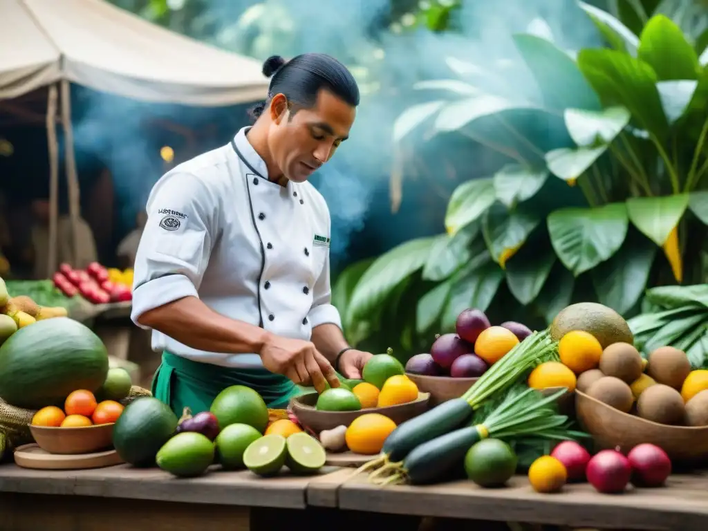 Un maestro indígena amazónico preparando sabores únicos en un mercado bullicioso bajo la cálida luz del sol