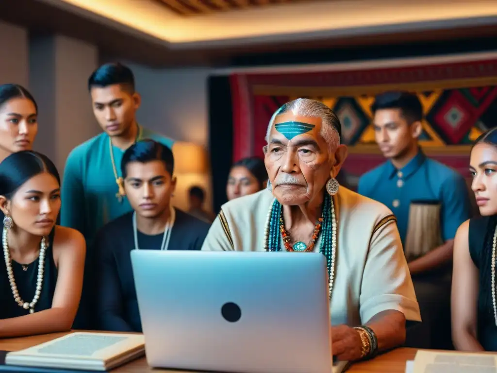 Maestro indígena enseña digital lenguas indígenas a jóvenes frente a laptop brillante