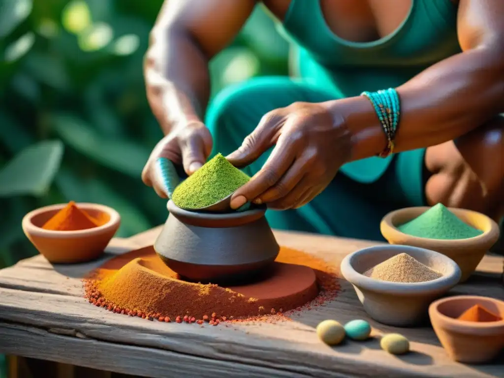 Maestro indígena muele pigmentos naturales con metate y mano entre la exuberante naturaleza