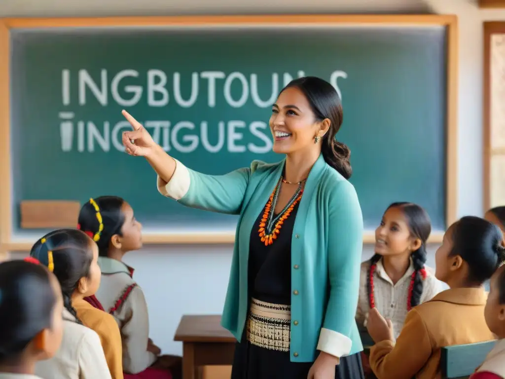 Maestro enseñando lengua indígena a estudiantes con entusiasmo en aula tradicional