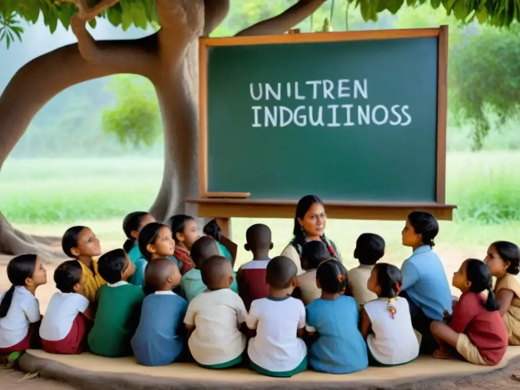 Un maestro enseñando alegremente a niños indígenas bajo un árbol, reflejando la importancia de las políticas educativas en comunidades indígenas