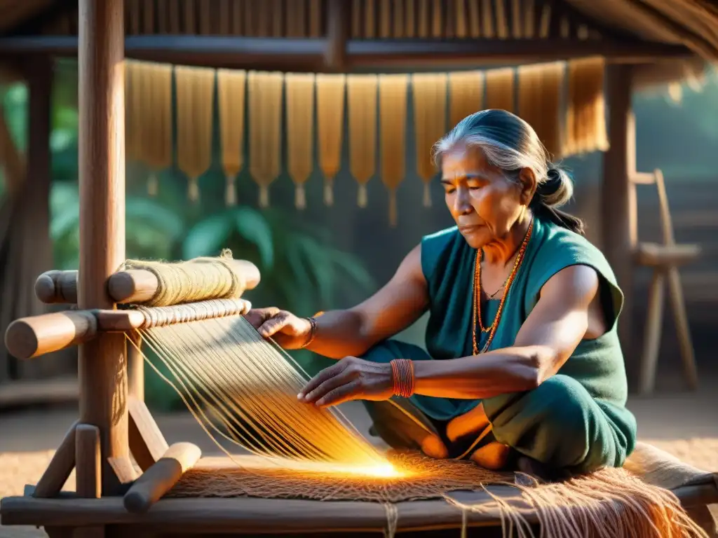 Maestro tejedor indígena destaca entre hilos vibrantes y tradicionales, creando obra ancestral bajo la luz dorada