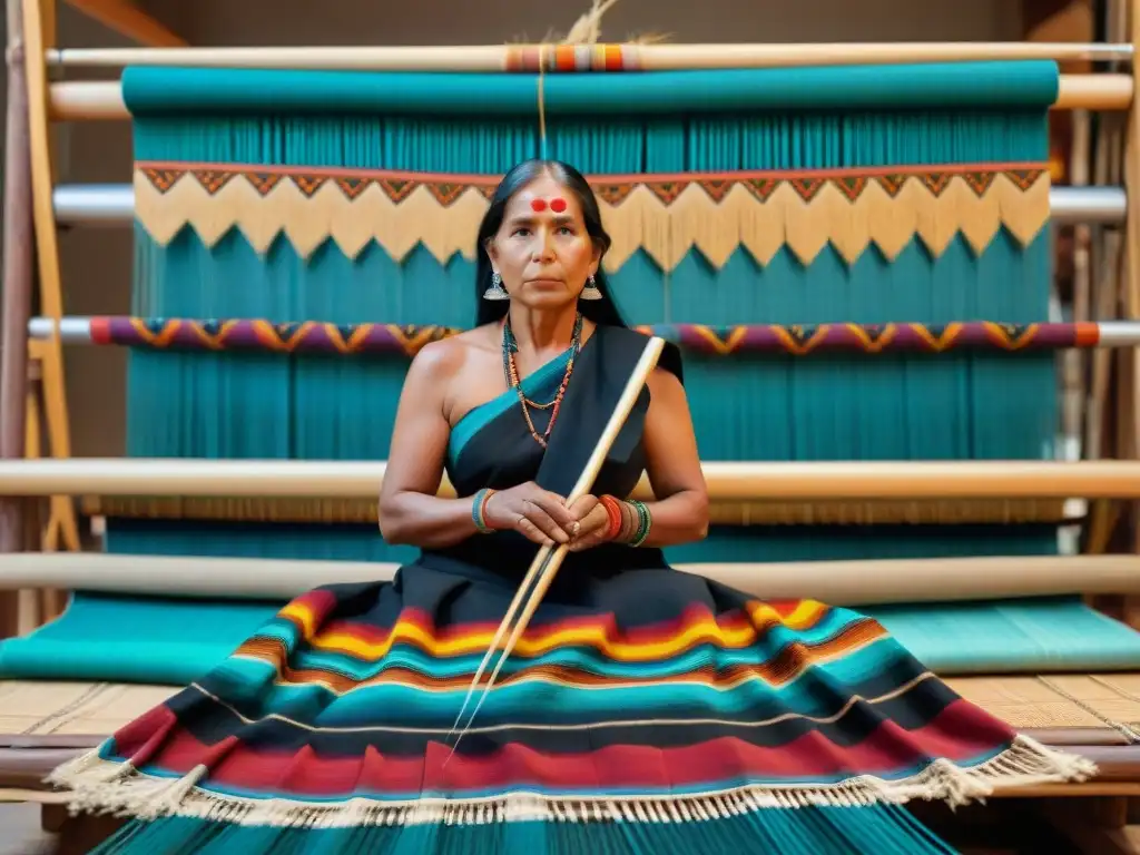 Un maestro tejedor indígena de las Américas en su telar tradicional, creando patrones con hilos coloridos