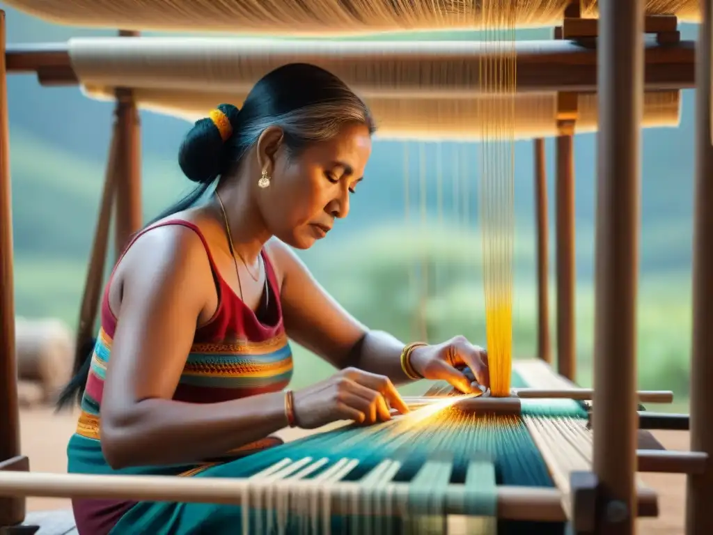 Un maestro tejedor indígena de las Américas creando con destreza una pieza textil tradicional, inmerso en su arte