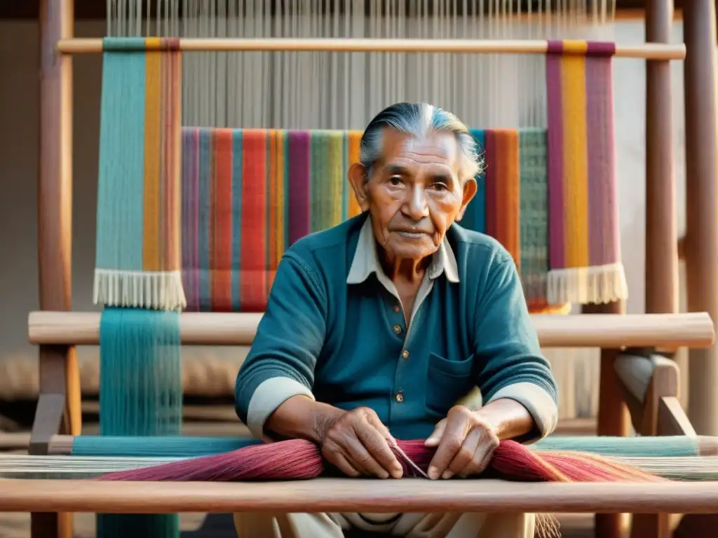 Un maestro tejedor indígena destaca creando intrincados patrones en su taller iluminado