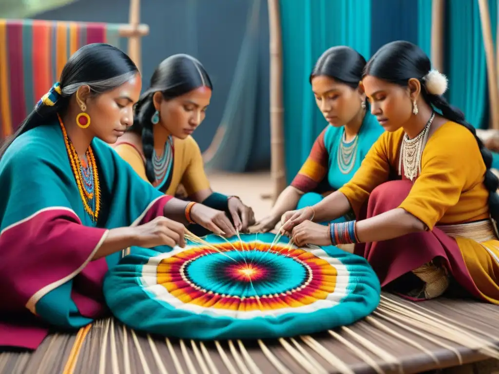 Maestros tejedores indígenas destacados creando textiles vibrantes en un mercado textil bullicioso