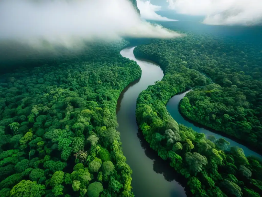 Un mágico paisaje amazónico que muestra la exuberante selva desde las alturas, reflejando la sostenibilidad en la vida amazónica