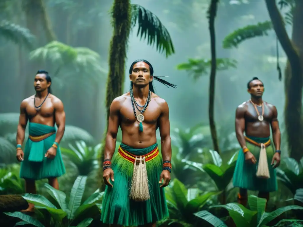 Un mágico ritual de Danza de la Lluvia indígena en la selva, con movimientos gráciles y coloridos atuendos tradicionales