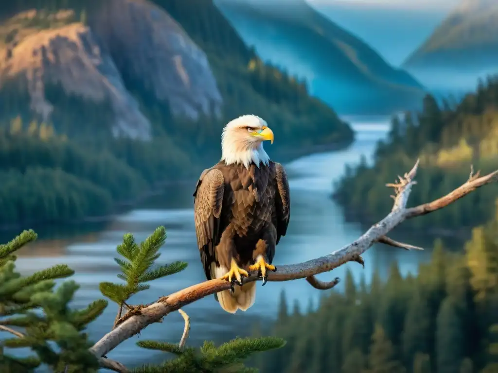 Un águila calva majestuosa posada en una rama, con ojos afilados en el horizonte y alas extendidas, destacando su envergadura