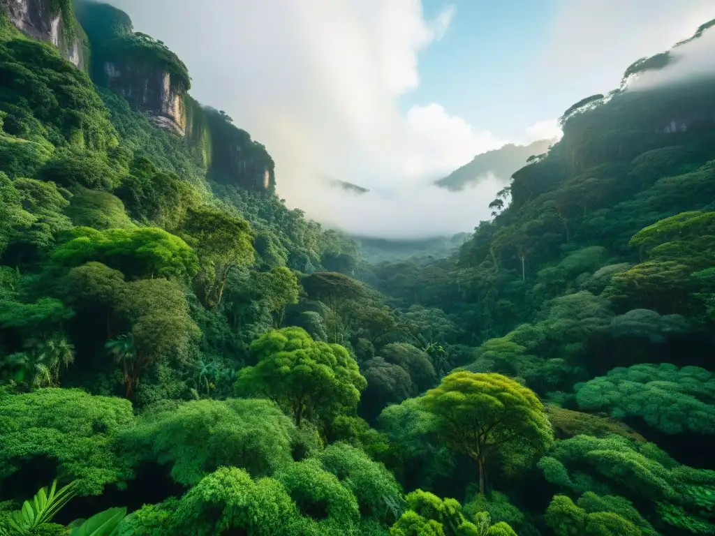 Selva exuberante: territorios indígenas y economía verde Majestuosa selva con diversa fauna y flora, reflejando la importancia de territorios indígenas ante el colonialismo en la economía verde