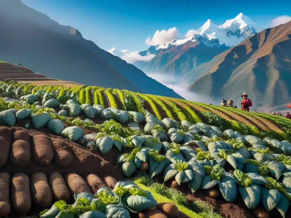 Una majestuosa vista de la diversidad de la papa andina en terrazas, con campesinos trabajando y montañas nevadas al fondo