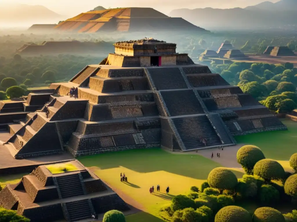 Majestuosas pirámides de Teotihuacán al atardecer, revelando la historia y cultura indígena