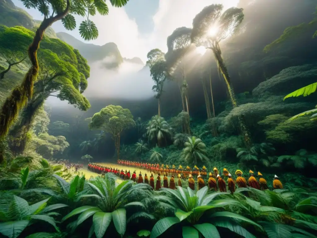 Un majestuoso bosque lluvioso antiguo rebosante de vida y color