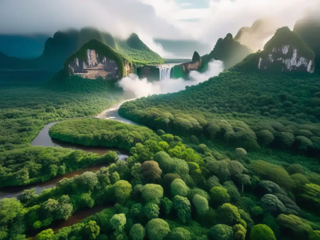 Un majestuoso bosque verde con cascada y ruinas sagradas indígenas UNESCO