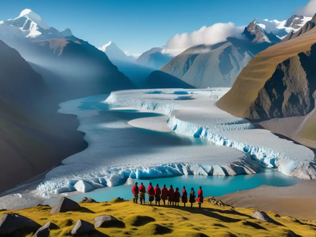 Un majestuoso glaciar andino, reflejando la luz solar, rodeado de terreno rocoso