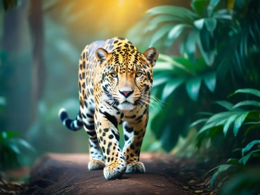 Un majestuoso jaguar dorado en la selva de Sudamérica, muestra su poder en rituales de animales