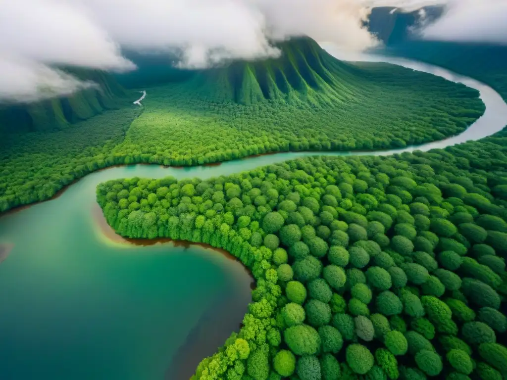 Majestuoso mapeo satelital de tierras sagradas: vegetación verde vibrante, ríos cristalinos y comunidades indígenas en armonía