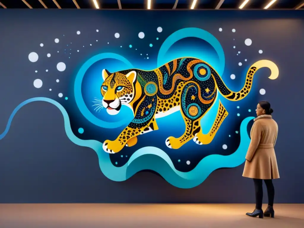 Majestuoso mural de mitos de origen en arte indígena, con un jaguar celestial rodeado de patrones cósmicos