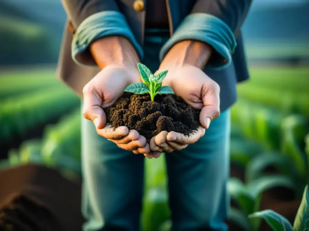 Manos de agricultor sostienen biofertilizante, uniendo conocimiento ancestral y sostenibilidad en el campo